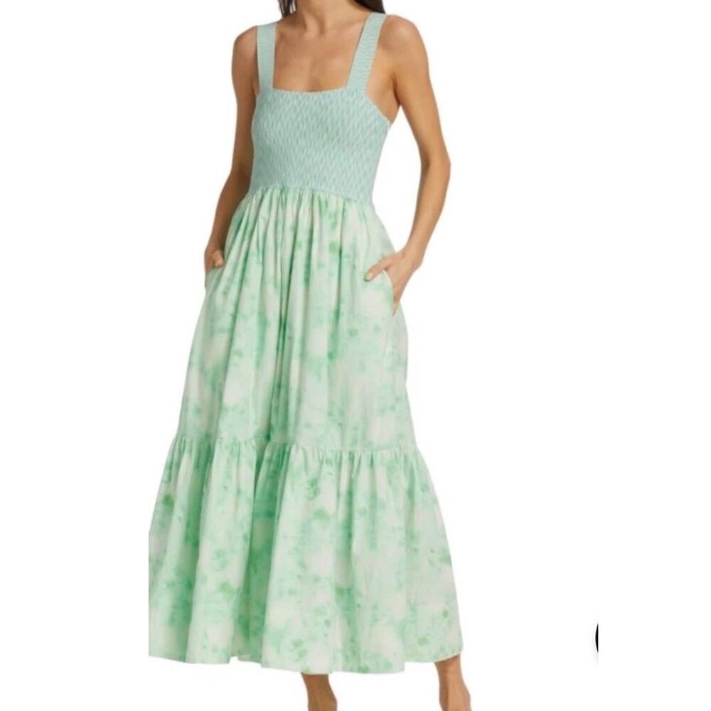 Tanya Taylor Midi Dress Gianna Green Floral Ruffle Hem Square Neck